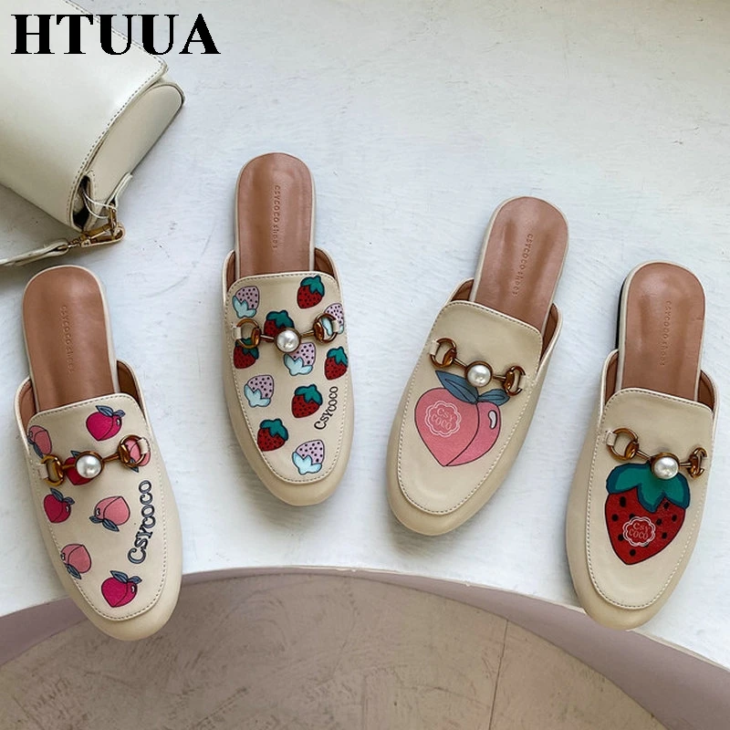 HTUUA Brand Design Buckle Mules Shoes Women Autumn Slip on Flat Slippers Strawberry Fruit Pattern Outside Slides Female SX4420 | Обувь