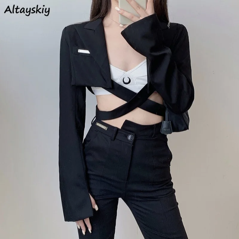 Blazers Women Black Cropped Suits Design Bandage Notched Straight All-match Streetwear Trendy Hong Kong Style Outwear Mujer Chic
Blazers Women Black Cropped Suits Design Bandage Notched Straight All-match Streetwear Trendy Hong Kong Style Outwear Mujer Chic