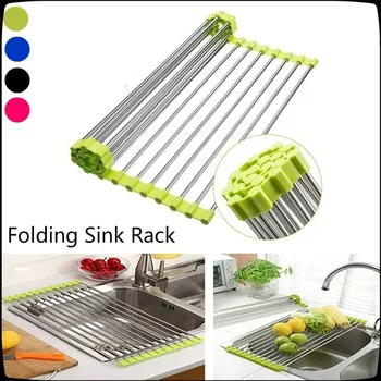 

Foldable Kitchen Sink Rack Stainless Steel Dish Cutlery Drainer Drying Holder Fruits Cup Dish Drying Tools (Green)