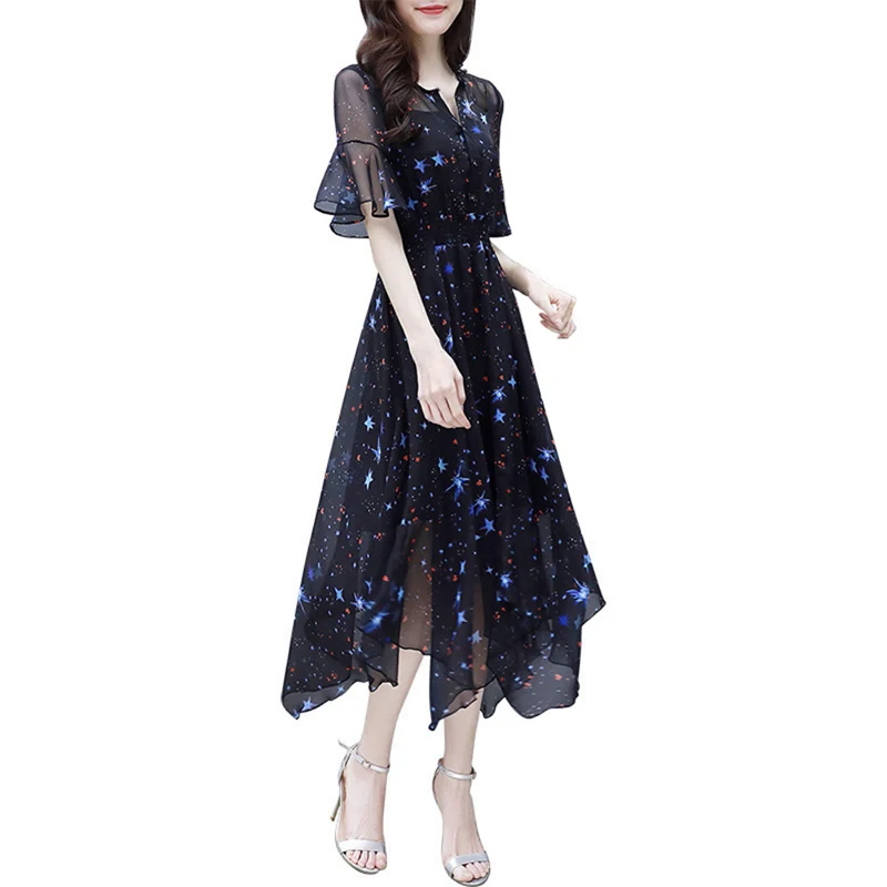 New Summer Women Slim Mid-length Dress Elegant Ladies Flared Sleeves Irregular Starry Sky Print Chiffon Dressnew
New Summer Women Slim Mid-length Dress Elegant Ladies Flared Sleeves Irregular Starry Sky Print Chiffon Dressnew