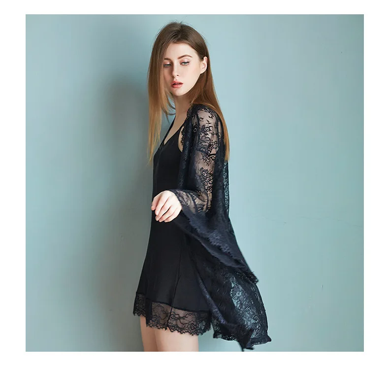 Waliicorners summer ice silk thin sling sleepwear sexy lace perspective ladies nightdress nightgown two-piece suit female 9