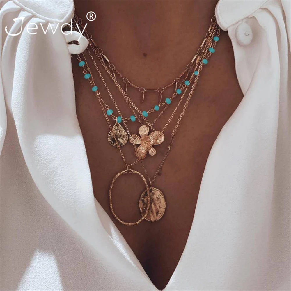 

5 Pcs/set Bohemian Flower Multilayer Necklaces For Women Gold Coin Stone Bead Choker Pendant Necklace 2020 Ethnic Female Jewelry