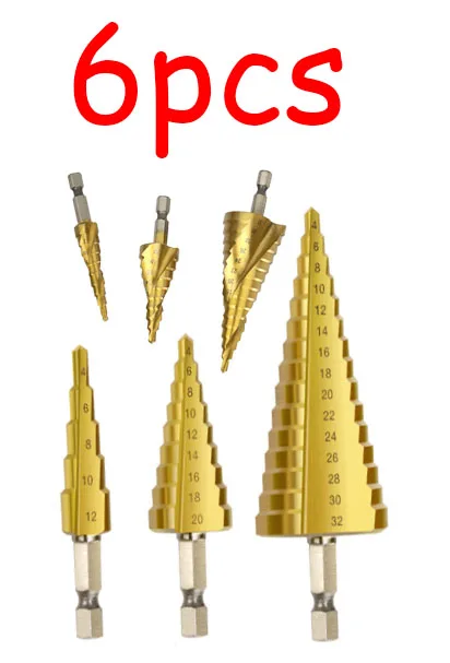 6pcs Titanium Coated Straight and Spiral Step Drill Bit Set Hex Shank Grooved Center Drill Bit Accessories Step Cone Drill Bit
6pcs Titanium Coated Straight and Spiral Step Drill Bit Set Hex Shank Grooved Center Drill Bit Accessories Step Cone Drill Bit