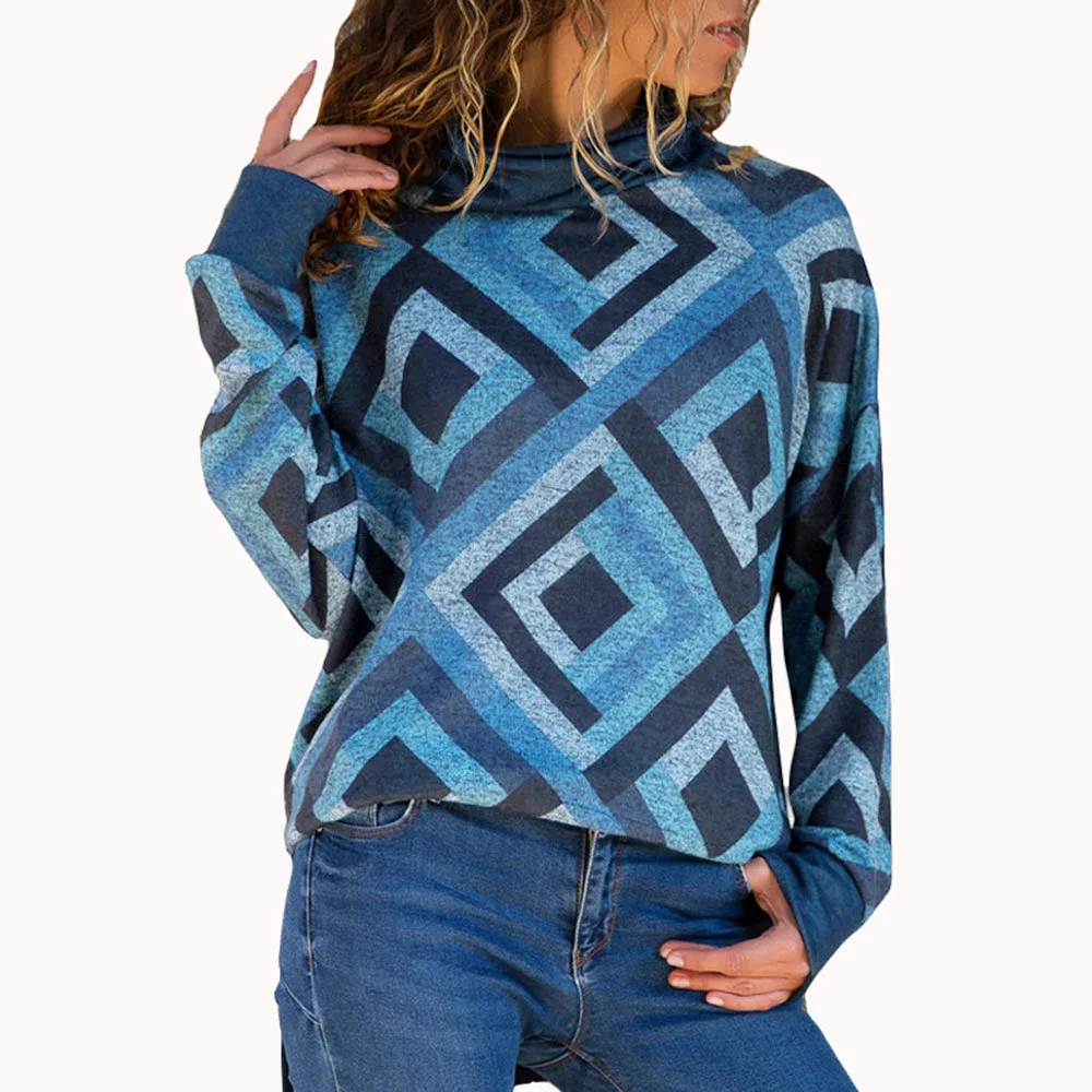 Jaycosin Fashion Casual Lady Long Sleeve Loose Geometric Turtleneck Knitted Sweater Stylish Comfortable Soft Elegant Fit Top
