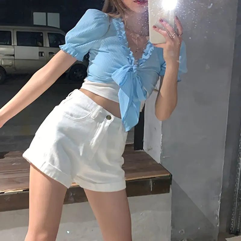 

New Summer Women High Waist Button Wigh Leg Jeans Denim Shorts Casual Female Loose Fit White Sexy Short Jeans