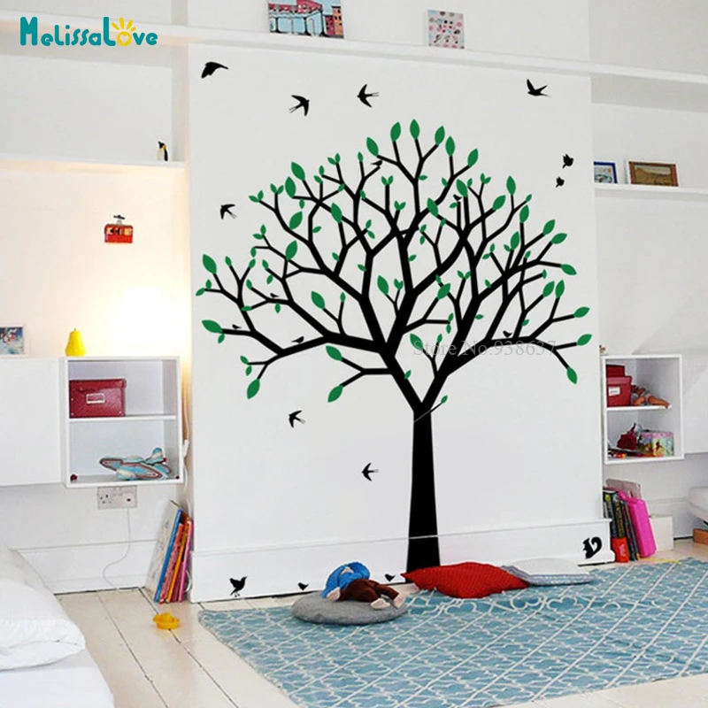 Spring Tree wall decor Straight branches stylized birds and squirrels 2 colors available Baby Room Decal Nursery Wallpaper BB043 | Дом и сад