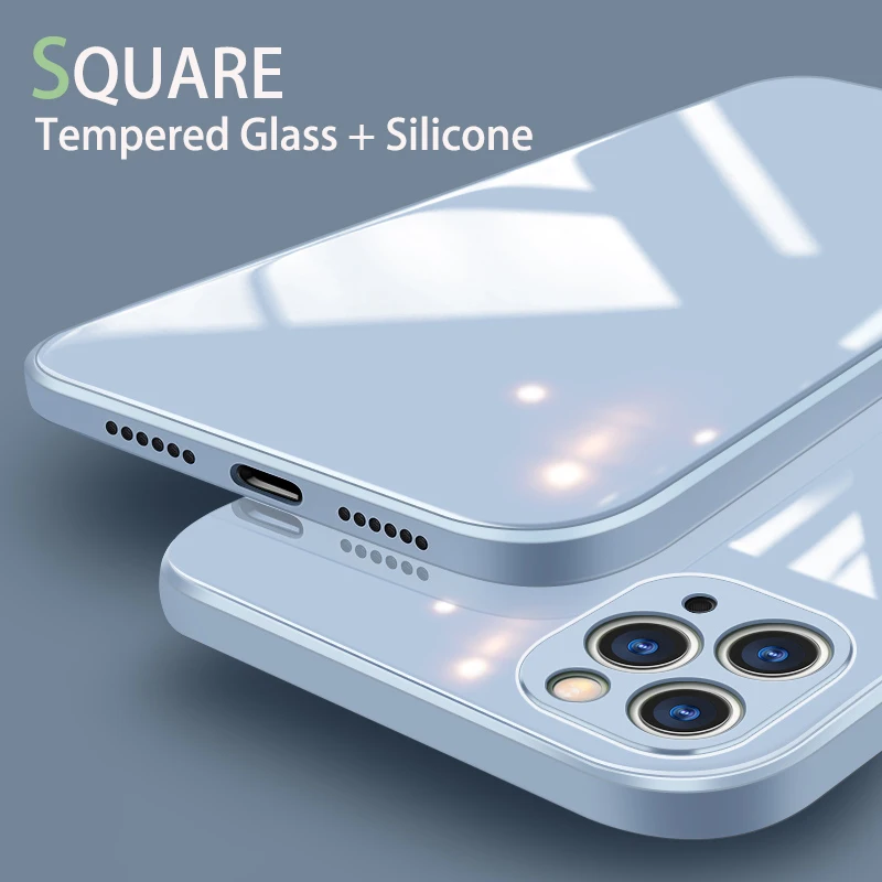 Фото Square Case for iPhone 12 Mini 11 Pro Max X XS XR Silicone Tempered Glass Luxury Back Cover 6 6s 7 8 Plus | Мобильные телефоны и