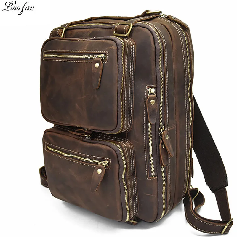

Men Genuine Leather Laptop Backpack 15" PC Crazy Horse Leather Business Bag 3 Use Cow Leather Shoulder Bags 3 Layer Work Tote