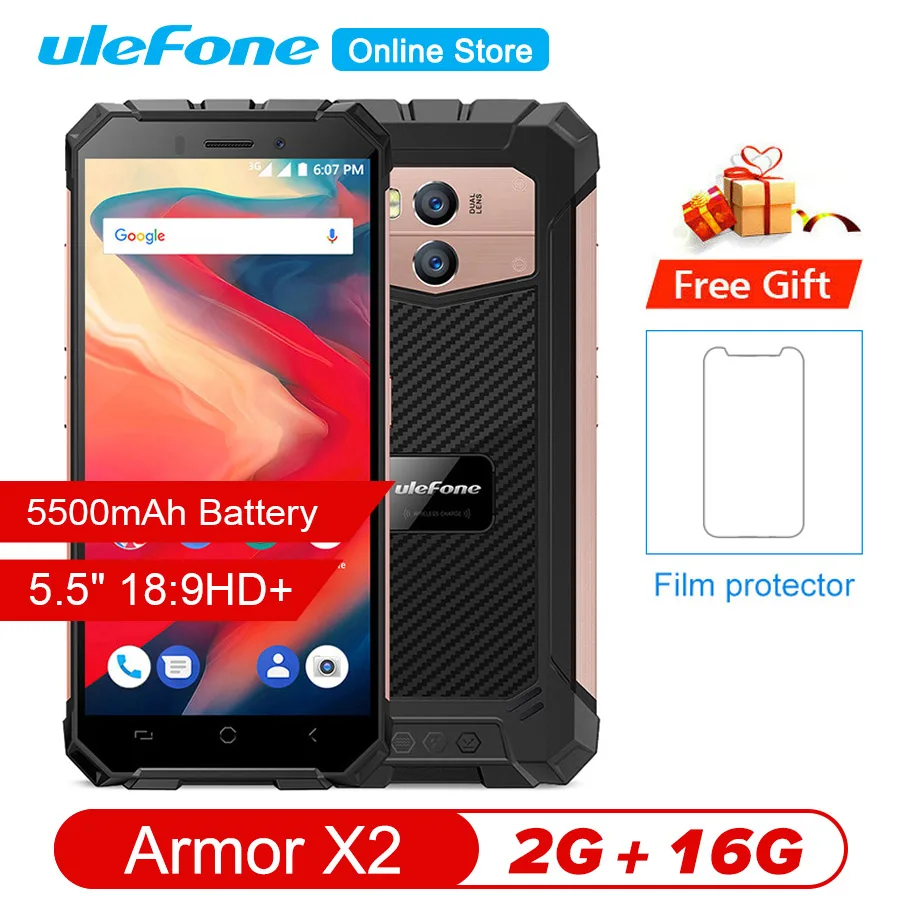 

Ulefone Armor X2 Waterproof IP68 Smartphone 5.5" HD 18:9 Quad Core Android 8.1 2GB RAM 16GB ROM 13MP NFC 5500mAh 3G Mobile Phone