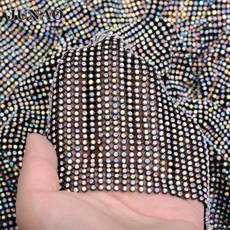 

JUNAO 45*120cm Glitter Black Mesh AB Glass Rhinestone Fabric Crystal Ribbon Strass Clothes Applique Sewing Metal Trim for Dress