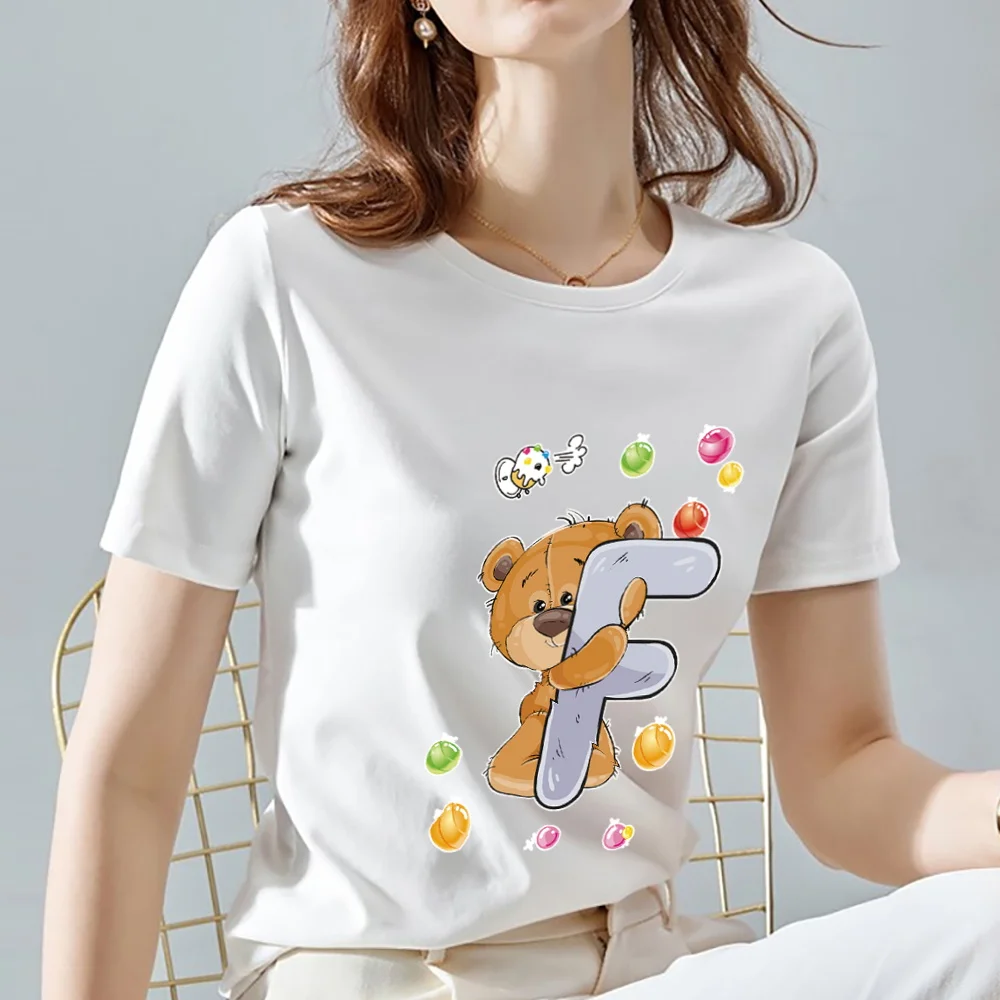 Hot-selling White Female T-shirt Casual Simple 26 English F Letter Bear Pattern Printed Slim Top Round Neck Commuter Clothing
Hot-selling White Female T-shirt Casual Simple 26 English F Letter Bear Pattern Printed Slim Top Round Neck Commuter Clothing