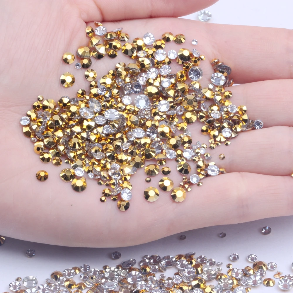 

Resin Rhinestones Non Hot Fix Gold AB 500/1000pcs 2-6mm Round Flatback Diamonds Appliques For Craft Fabric Wedding Dresses