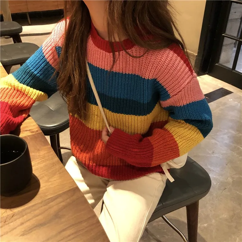 Фото 2019 осень зима женский милый Радужный полосатый свитер пуловер с круглым | Водолазки (4000069050675)
