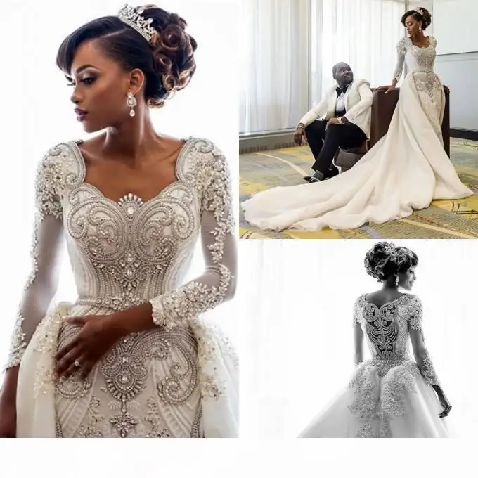 

Crystal Beading Wedding Detachable Scoop Neck Mermaid Bridal Gowns Sweep Train Custom Made Long Sleeves Dress