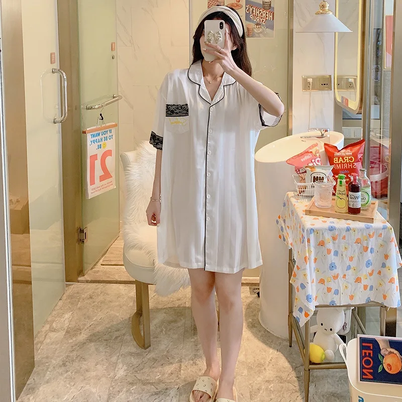 Fashion Shirt Nightdress Women's Summer Cardigan Casual Lace Nightgown Character Dress Short Sleeve Fairy Style Female Sleepwear
Fashion Shirt Nightdress Women's Summer Cardigan Casual Lace Nightgown Character Dress Short Sleeve Fairy Style Female Sleepwear