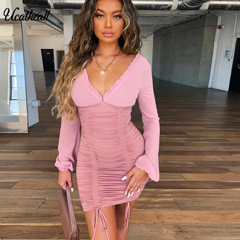 Side Drawstring Mini Sexy Women Dress Lantern Sleeve Pleated Autumn Party Dress Solid Lady Lace Up V Neck Mesh Summer Dress 
Side Drawstring Mini Sexy Women Dress Lantern Sleeve Pleated Autumn Party Dress Solid Lady Lace Up V Neck Mesh Summer Dress