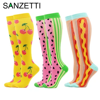 

SANZETTI 3 Pairs/Lot New Women Fruit Cherry Watermelon Print Stretch Compression Socks Below Knee Anti-Fatigue Long Happy Socks