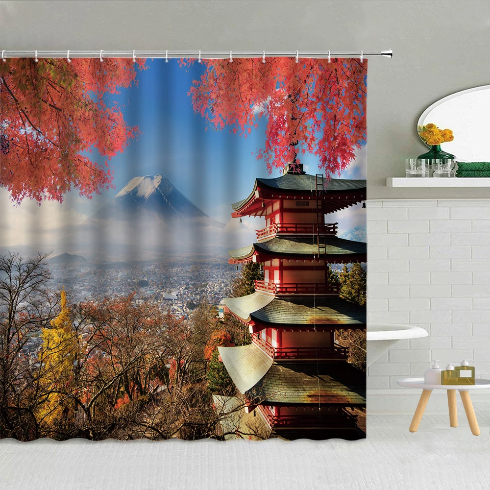 

Japan Mount Fuji Attic Natural Scenery Shower Curtain Sunset Waterfall Mountain High Quality Frabic Bathroom Supplies With Hooks