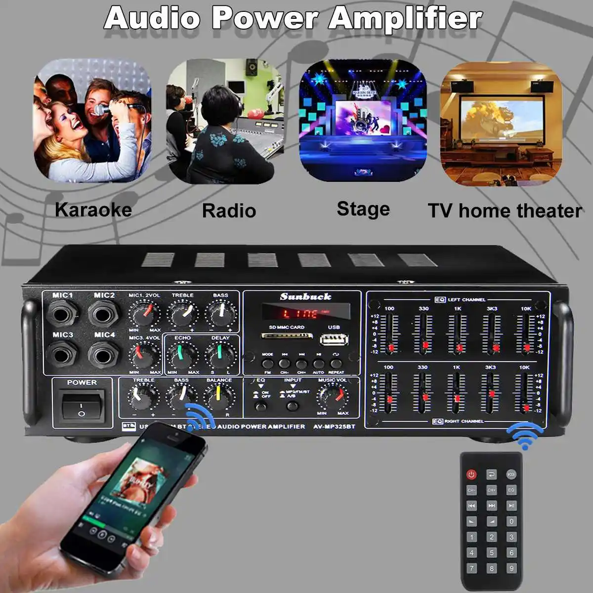 110 В 220 Вт USB SD AMP FM DVD AUX с дистанционным управлением Поддержка 4-полосного микрофона