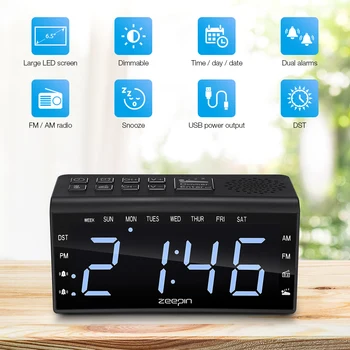 

New RA002 Digital Radio Clock Dual Alarms Temperature Snooze Day Time Dimmable Backlit 6.5-inch LED Screen US plug