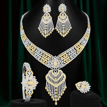 

GODKI Luxury 2 Tone Tassels Crown African Jewelry Sets For Women Wedding Full Micro Cubic Zirconia Dress Necklace Earring Sets