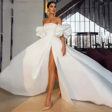 2022 Removable Puff Sleeve Satin Wedding Dress High Slit Side A-line Simple Bridal Gown Elegant Vestido De Noiva Custom Made 
2022 Removable Puff Sleeve Satin Wedding Dress High Slit Side A-line Simple Bridal Gown Elegant Vestido De Noiva Custom Made