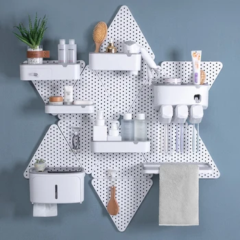 1 Set of 5Pcs Triangle Peg Board DIY Spliceable Pegboard Suction Wall Wall-mounted Storage Rack with Hooks 
1 Set of 5Pcs Triangle Peg Board DIY Spliceable Pegboard Suction Wall Wall-mounted Storage Rack with Hooks