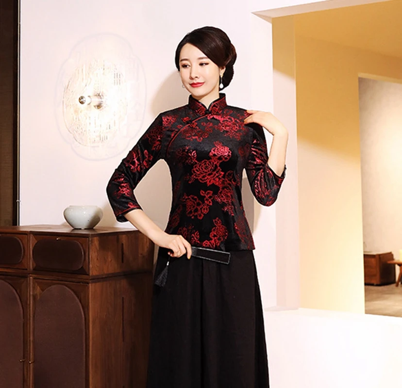 

Plus size 5XL Red Women tops autumn winter new velvet cheongsam Women short paragraph seven-point sleeve print Tang suit shirt