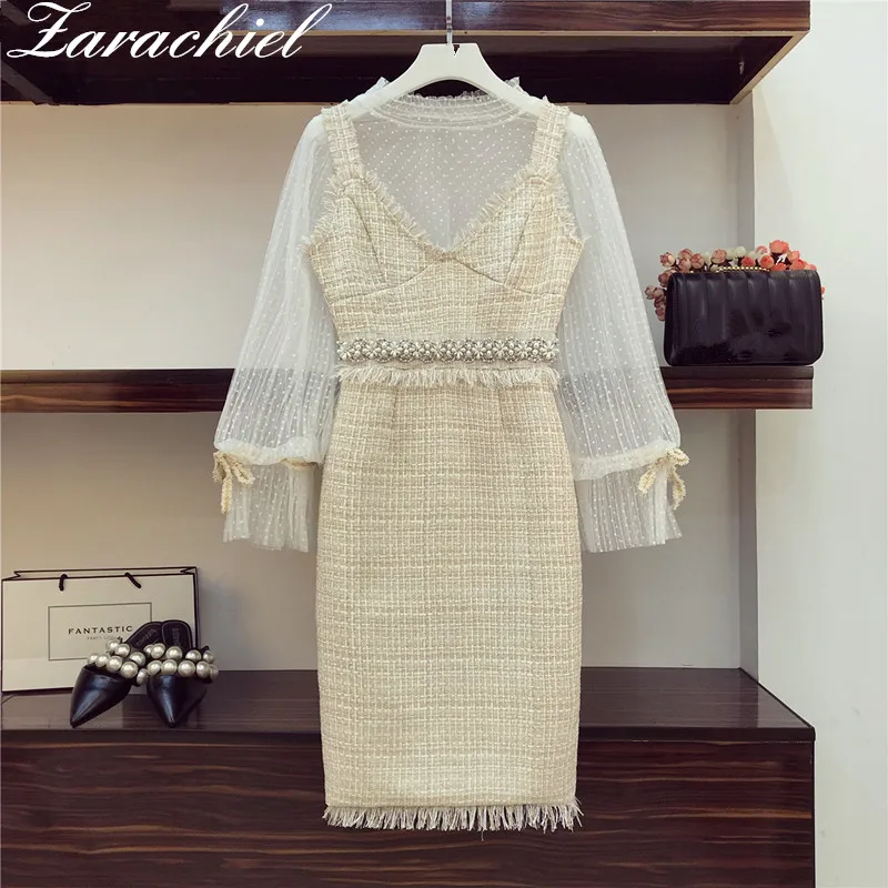 Women Elegant Tassels Beading Tweed Dresses Suit 2019 Autumn Winter Fashion Polka Dot Mesh Top + V-Neck Backless Woolen Dress
Women Elegant Tassels Beading Tweed Dresses Suit 2019 Autumn Winter Fashion Polka Dot Mesh Top + V-Neck Backless Woolen Dress