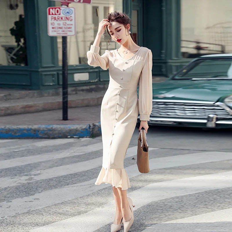 Spring 2020 New Apricot Color Long Sleeve Normcore Style Chiffon Flounced Waist Hugging Slimming-Slit Dress Women's
Spring 2020 New Apricot Color Long Sleeve Normcore Style Chiffon Flounced Waist Hugging Slimming-Slit Dress Women's