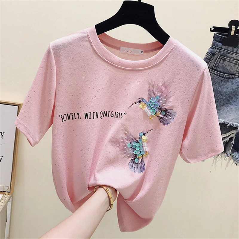 Summer Woman Letter Pattern Short Sleeve Cotton Tee Shirt Handmade Bird Sequin O-neck Cartoon Female Top
Summer Woman Letter Pattern Short Sleeve Cotton Tee Shirt Handmade Bird Sequin O-neck Cartoon Female Top