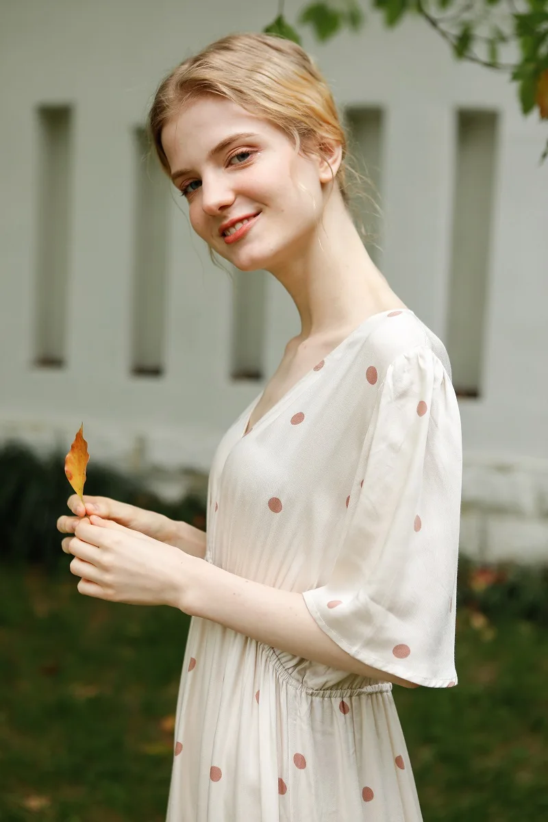 Hanxiuju Summer V- Neck Short Sleeve Nightgowns For Women Soft Viscose Polka Dot Nightwear Ladies Elegant Dress Autumn Spring 12 H3d797b443a224bd098f9365d5847709bu