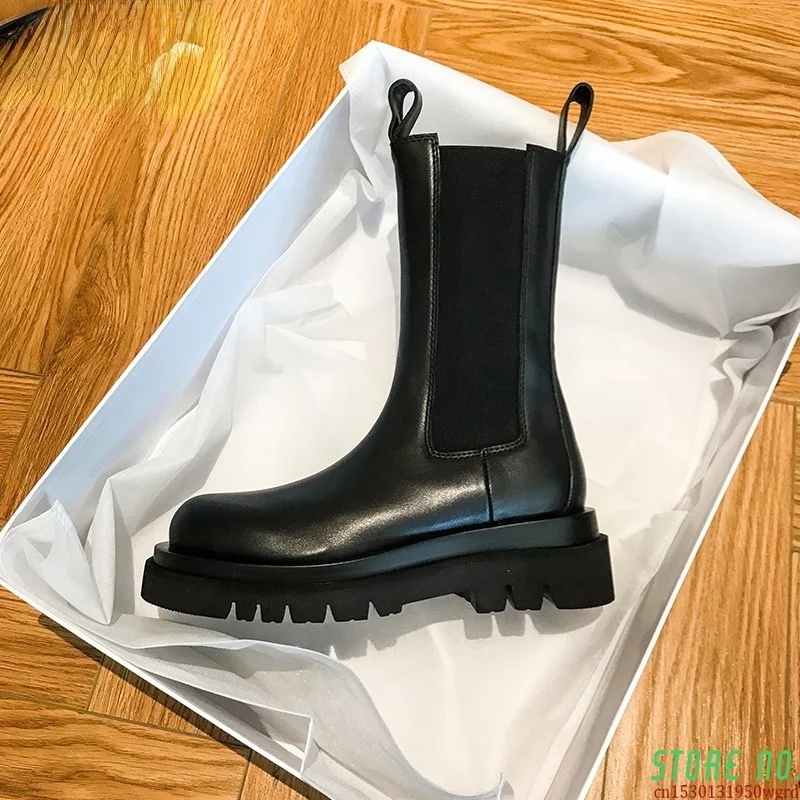 

Leather Boots Women's Chimney Handsome British Style Mid-tube Women Boots Thick-soled Female Chelsea Short Boots