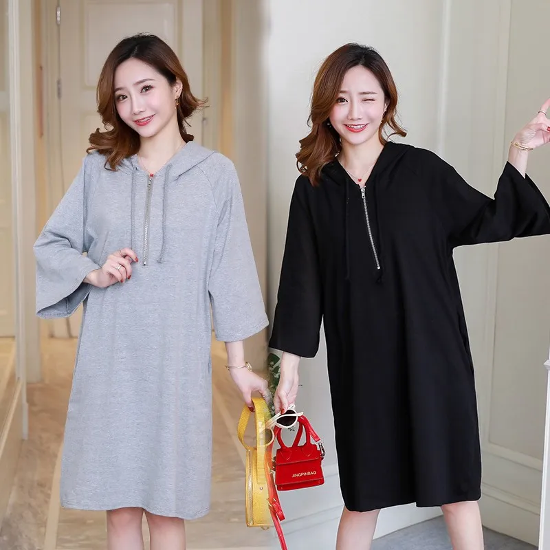 Plus Size Women Autumn Zipper Solid Color Cropped Sleeve Dress Cotton Hooded Lady Vestidos Female Loose Dress
Plus Size Women Autumn Zipper Solid Color Cropped Sleeve Dress Cotton Hooded Lady Vestidos Female Loose Dress