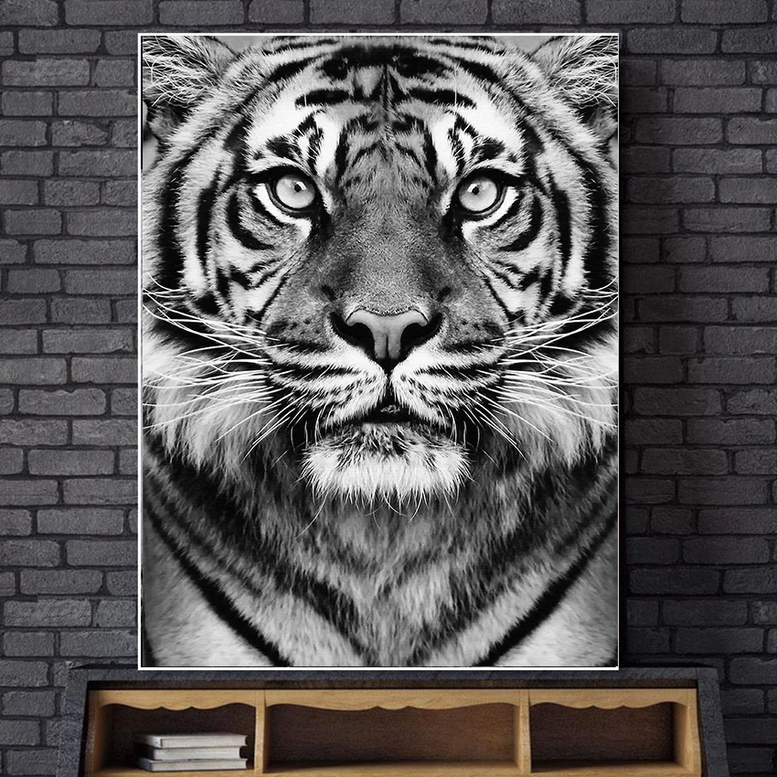 Настенная Картина на холсте Черный Белый Тигр фото скандинавские плакаты и