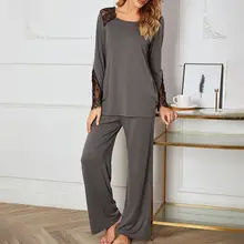 Blouse Long Sleeve Women Loose Pants Autumn Lace Patchwork Pajamas Sleepwear Set 
Blouse Long Sleeve Women Loose Pants Autumn Lace Patchwork Pajamas Sleepwear Set