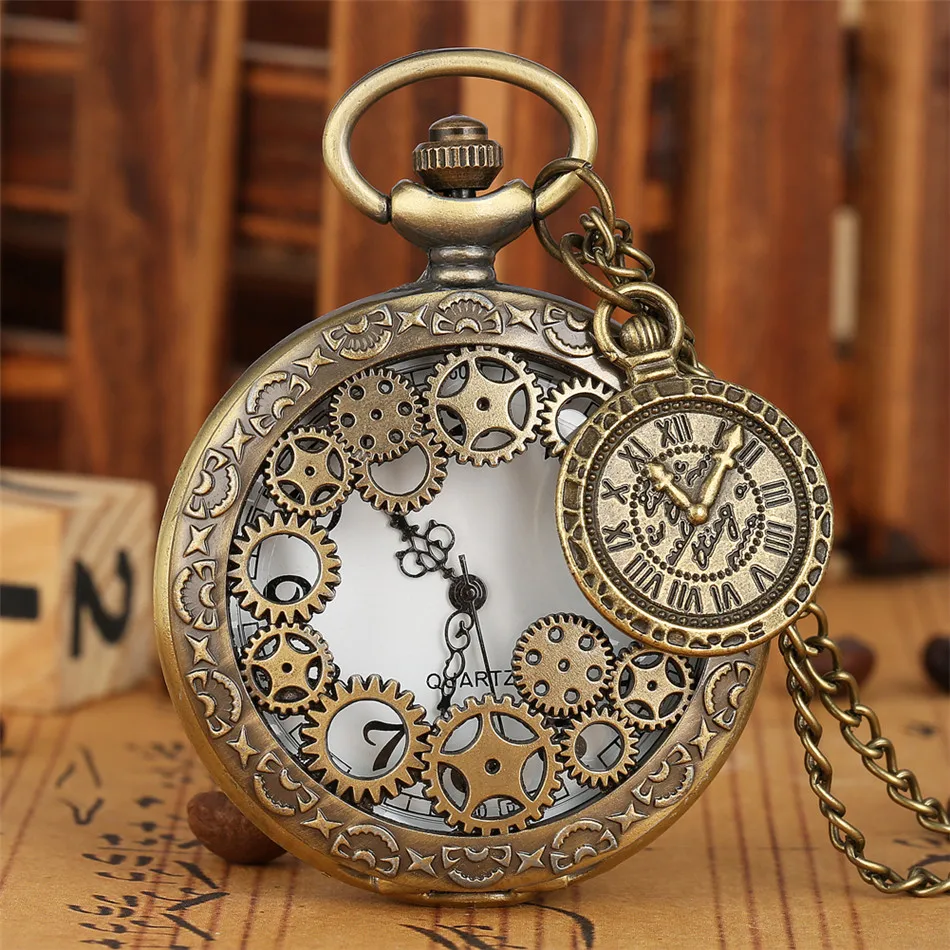 

Hollow Gearwheel Half Hunter Quartz Pocket Watch Antique Bronze Necklace Watch with Pendant Jewelry Gift for Men Women Kids