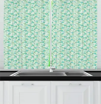 

Turquoise Pale Green Botanical Kitchen Curtains Floral Theme Blossoms Motifs in Watercolor Style Romantick Art Window Drapes