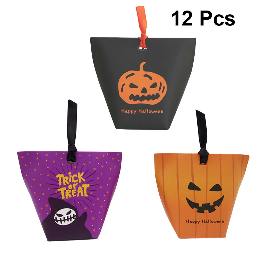 

12pcs Trick Halloween Bags Paper Boxes Party Favors Gift Box Treat Bag Candy Chocolate Goodies Boxes Party Supplies With Ribbons