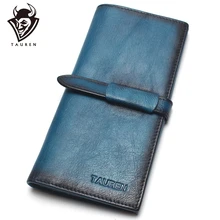 Brosse couleur RFID classique 100% en cuir véritable en cuir naturel hommes et femmes Long portefeuille porte-monnaie Vintage concepteur mâle portefeuilles(China)