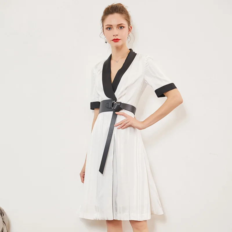 Dress Women Spring Summer S-XL Fashion Simple Patchwork V-Neck Short Sleeves Slim Belted A-Line Elegant Dress Knee Length White
Dress Women Spring Summer S-XL Fashion Simple Patchwork V-Neck Short Sleeves Slim Belted A-Line Elegant Dress Knee Length White