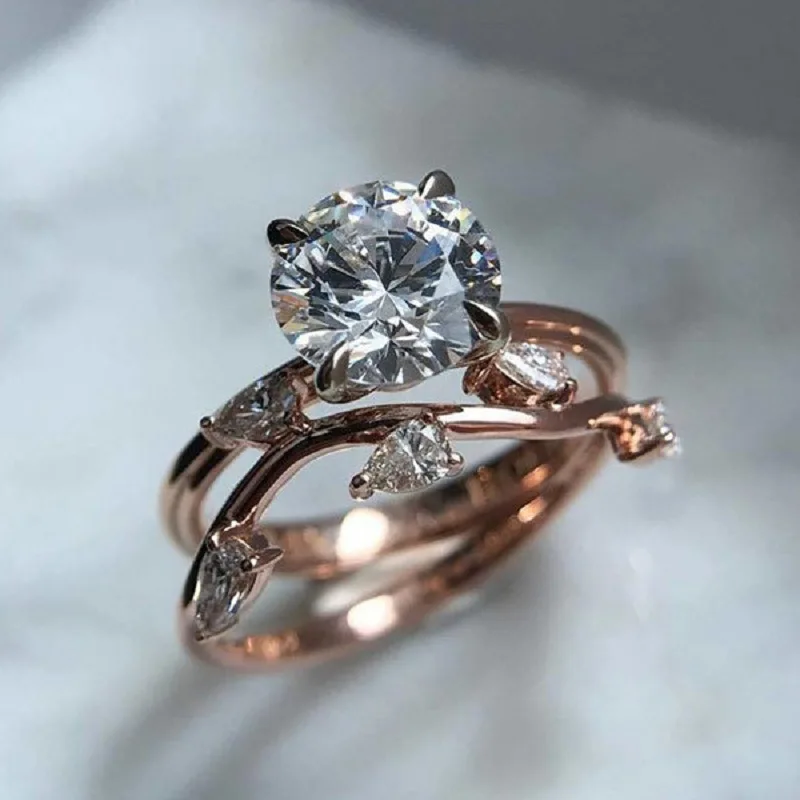 Rose Gold Round Zircon Flower Leaf Rings Exquisite Bride Rings Wedding Engagement Ring Jewelry Valentine's Day Gift 
Rose Gold Round Zircon Flower Leaf Rings Exquisite Bride Rings Wedding Engagement Ring Jewelry Valentine's Day Gift