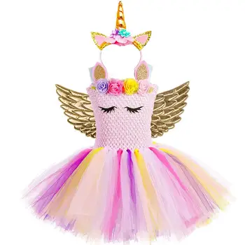 

Cute Princess Girl Pastel Unicorn Birthday Tutu Dress with Headband Pink Flowers Girl Pony Theme Party Costume set For Holidays