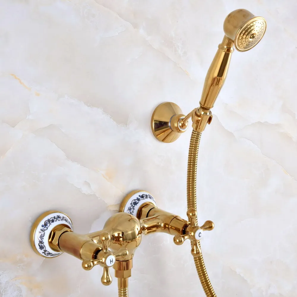 

Contemporary Luxury Gold Color Brass Wall Mounted Bathtub Faucet with Handheld Shower Set +150CM Hose Mixer Tap 2na972
