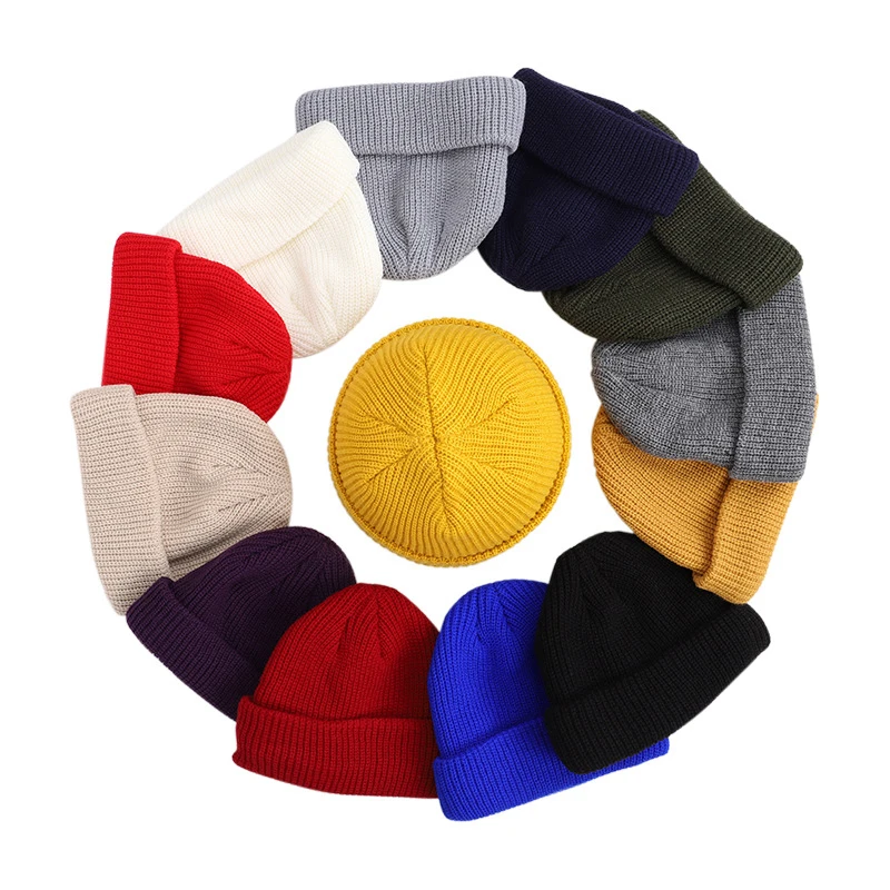 

Unisex Winter Ribbed Knitted Cuffed Short Melon Cap Solid Color Skull Baggy Retro Ski Fisherman Docker Beanie Hat Slouchy Z106
