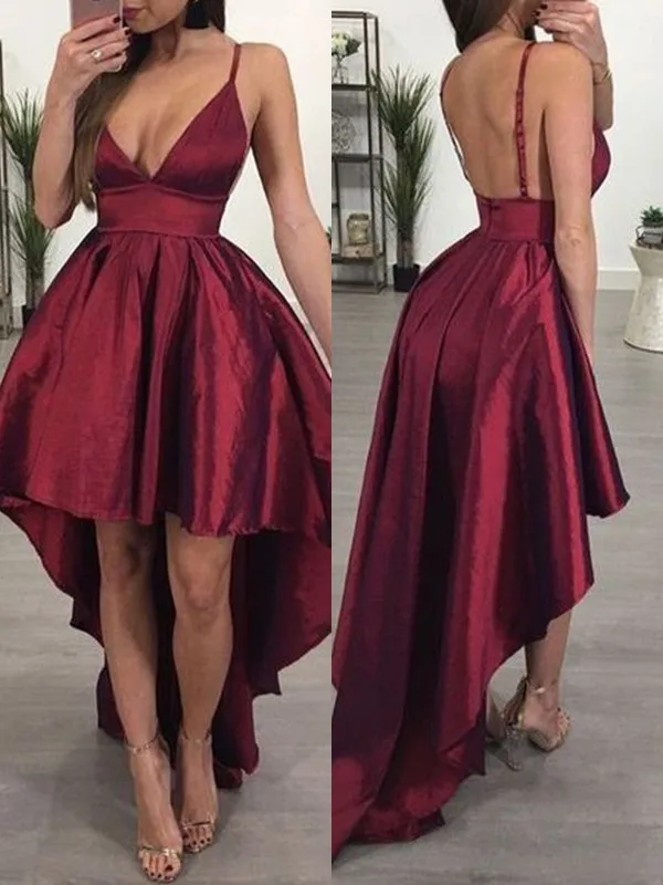 A-Line/Princess Satin Ruffles Spaghetti Straps Sleeveless Asymmetrical Homecoming Dress 
A-Line/Princess Satin Ruffles Spaghetti Straps Sleeveless Asymmetrical Homecoming Dress