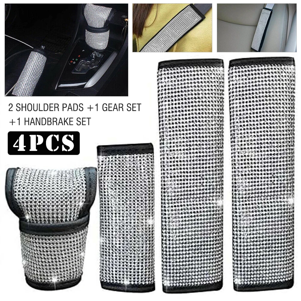 

New 4pcs Bling Crystal Car Seat Belt Covers Handbrake & Gear Knob Dust Cover Set Shoulder Pad