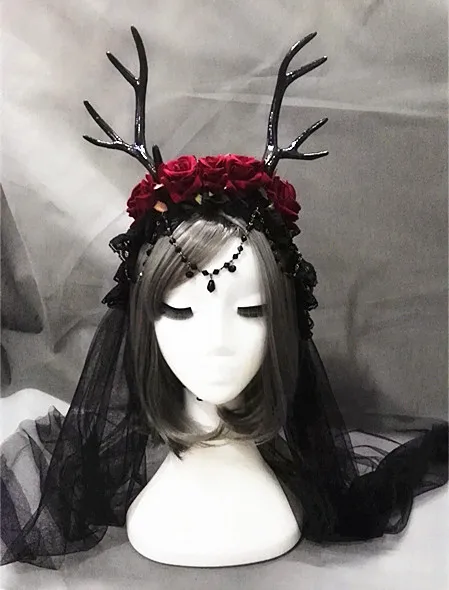 

Cosplay Elk Horns Headbands Hair Accessories Rose Lace Veil Deer Antler Headdress Costume Accessory Christmas