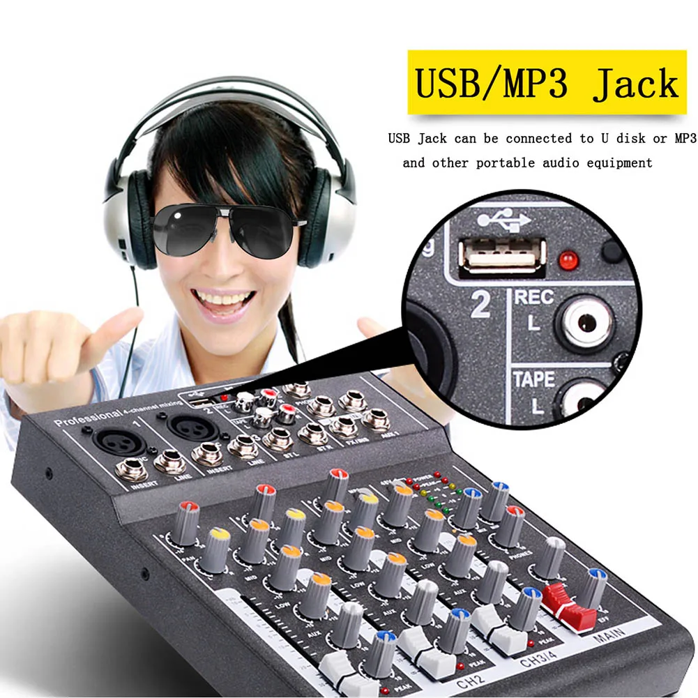 Bluetooth USB Audio Mixer 4 Channels Sound Mixing Consoles Amplifier Mini Audio Mixer Professional for DJ Karaoke
Bluetooth USB Audio Mixer 4 Channels Sound Mixing Consoles Amplifier Mini Audio Mixer Professional for DJ Karaoke