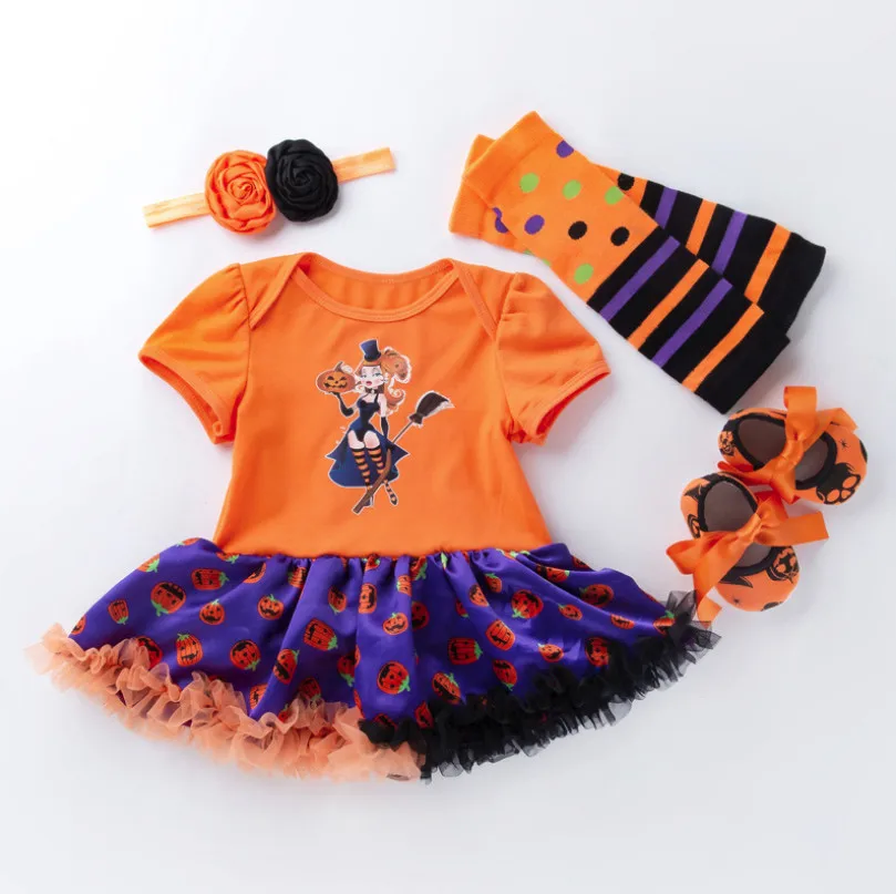 

New Baby Girls Halloween gifts Infant pumpkin rompers dress toddler shoes flower headbands leg warmer 4 piece Kids clothing set
